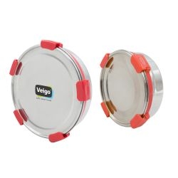 Veigo MaxoSteel Round Stainless Steel Airtight & Leakproof Lunch Box with Silicon Ring & Lid Lock, Set of 2(700ML+950ML), Red