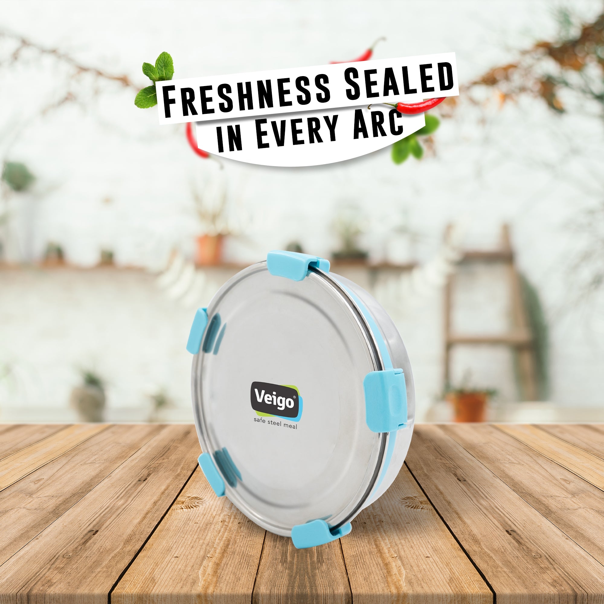 Veigo MaxoSteel Round Stainless Steel Airtight & Leakproof Lunch Box with Silicon Ring & Lid Lock, 950 Ml, Aqua Blue