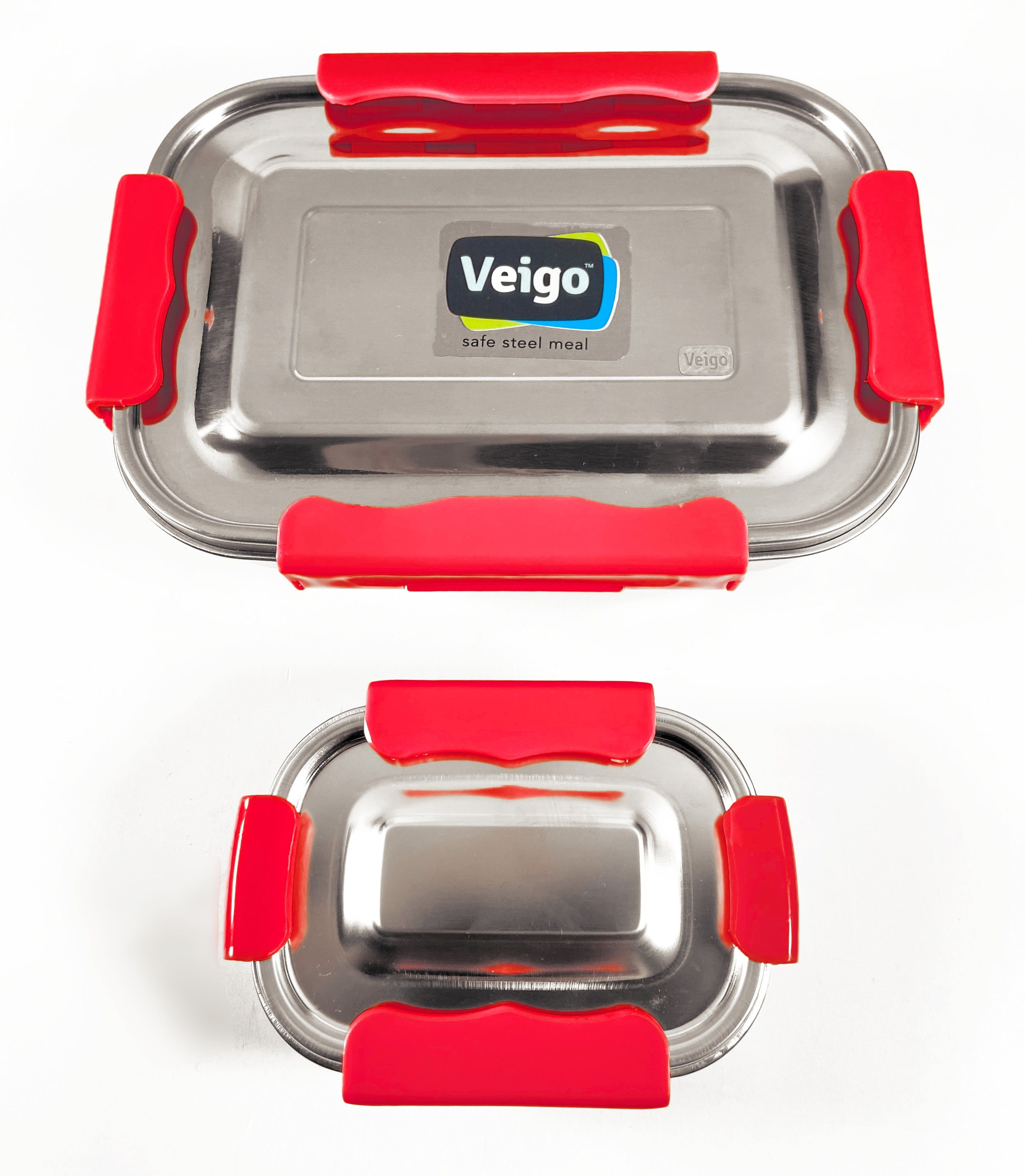 Veigo MaxoSteel Jumbo Stainless Steel Lunch Box with Reverse clip mechanism & Silicon Ring with Small Veg Box Inside(950ml + 200 ml), Red