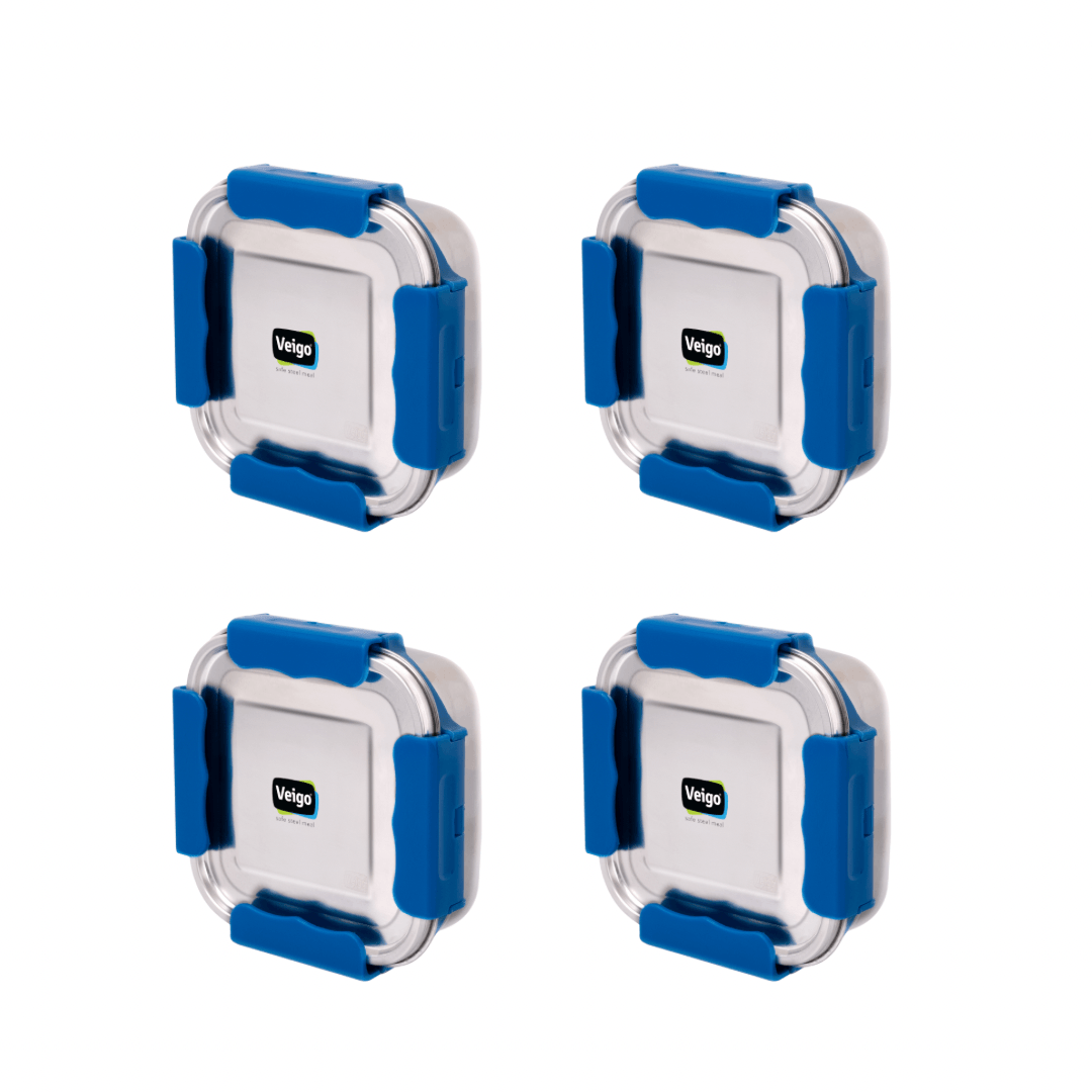 Veigo Outdoor Adventure - Set of 4 MaxoSteel Airtight & Leakproof Snack Boxes with Reverse Clip Mechanism, Dark Blue