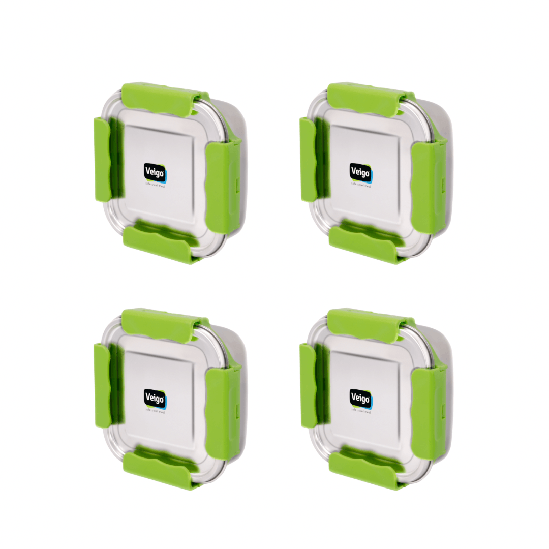 Veigo Outdoor Adventure - Set of 4 MaxoSteel Airtight & Leakproof Snack Boxes with Reverse Clip Mechanism, Green