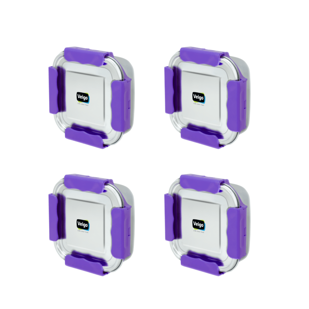 Veigo Outdoor Adventure - Set of 4 MaxoSteel Airtight & Leakproof Snack Boxes with Reverse Clip Mechanism, Violet