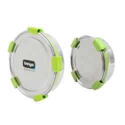 Veigo MaxoSteel Round Stainless Steel Airtight & Leakproof Lunch Box with Silicon Ring & Lid Lock, Set of 2(700ML+950ML), Green