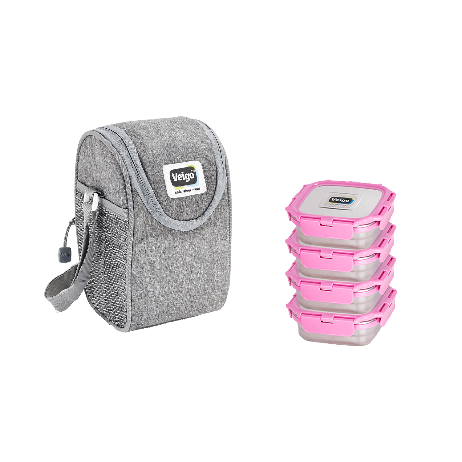 Veigo LunchBoss Combo- 4 Stainless Steel Leakproof Lunch Box Set (330ml + 330ml + 330ml + 330ml) with Insulated Lunch Bag, Suitable for Office, Pink