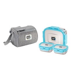 Veigo Daftar Combo- 1 Large Stainless Steel Leakproof Lunch Box with 2 Small Veg Box (630ml + 180ml +180ml) Comes with Insulated Lunch Bag, Suitable for Office, Aqua Blue