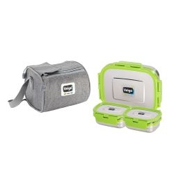 Veigo Daftar Combo- 1 Large Stainless Steel Leakproof Lunch Box with 2 Small Veg Box (630ml + 180ml +180ml) Comes with Insulated Lunch Bag, Suitable for Office, Green