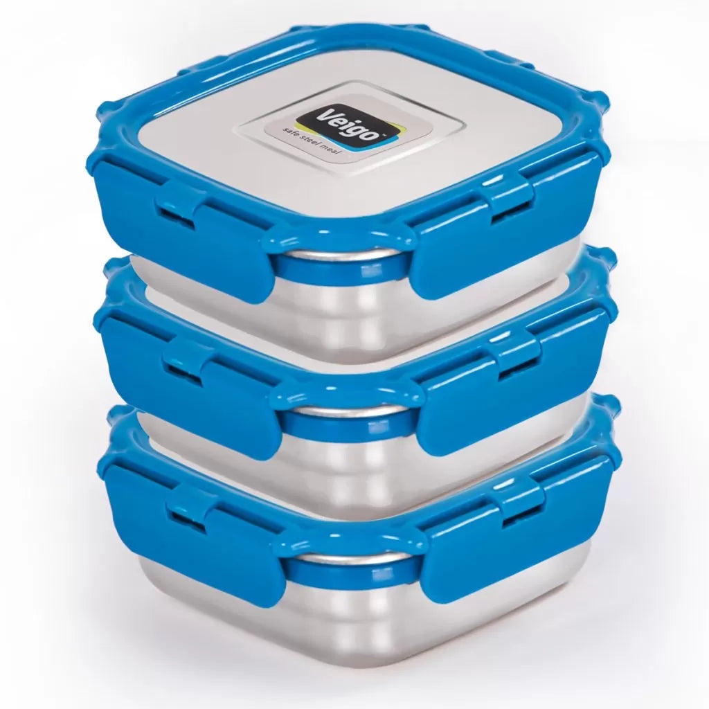 Veigo LunchBoss Combo- 3 Stainless Steel Leakproof & Airtight Medium Lunch Boxes(330ml + 330ml + 330ml) with Insulated Lunch Bag, Suitable for Office & School, Dark Blue