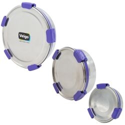 Veigo Maxosteel Round Stainless Steel Airtight & Leakproof Lunch Box with Silicon Ring & Lid Lock, Set of 3(325ML+700ML+950ML), Violet