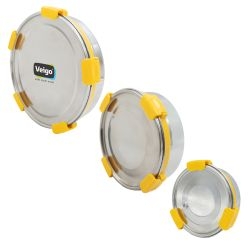 Veigo Maxosteel Round Stainless Steel Airtight & Leakproof Lunch Box with Silicon Ring & Lid Lock, Set of 3(325ML+700ML+950ML), Yellow