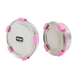 Veigo MaxoSteel Round Stainless Steel Airtight & Leakproof Lunch Box with Silicon Ring & Lid Lock, Set of 2(700ML+950ML), Pink