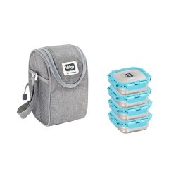 Veigo LunchBoss Combo- 4 Stainless Steel Leakproof Lunch Box Set (330ml + 330ml + 330ml + 330ml) with Insulated Lunch Bag, Suitable for Office, Aqua Blue