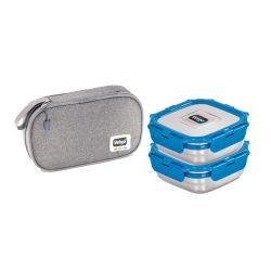 Veigo Daily Combo- 2 Stainless Steel Leakproof & Airtight Lunch Boxes(330 Ml+ 330 Ml) with Flat Insulated Bag, Suitable for School Kids, Dark Blue