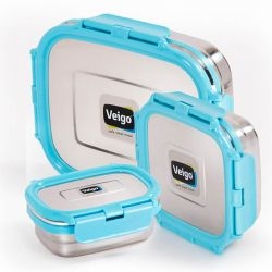 Veigo Celebration Ready to Gift Set- 3 Stainless Steel Leakproof Containers in Ready-to-Gift Box (630ml + 330ml + 180ml)) Suitable for Gifting, Aqua Blue