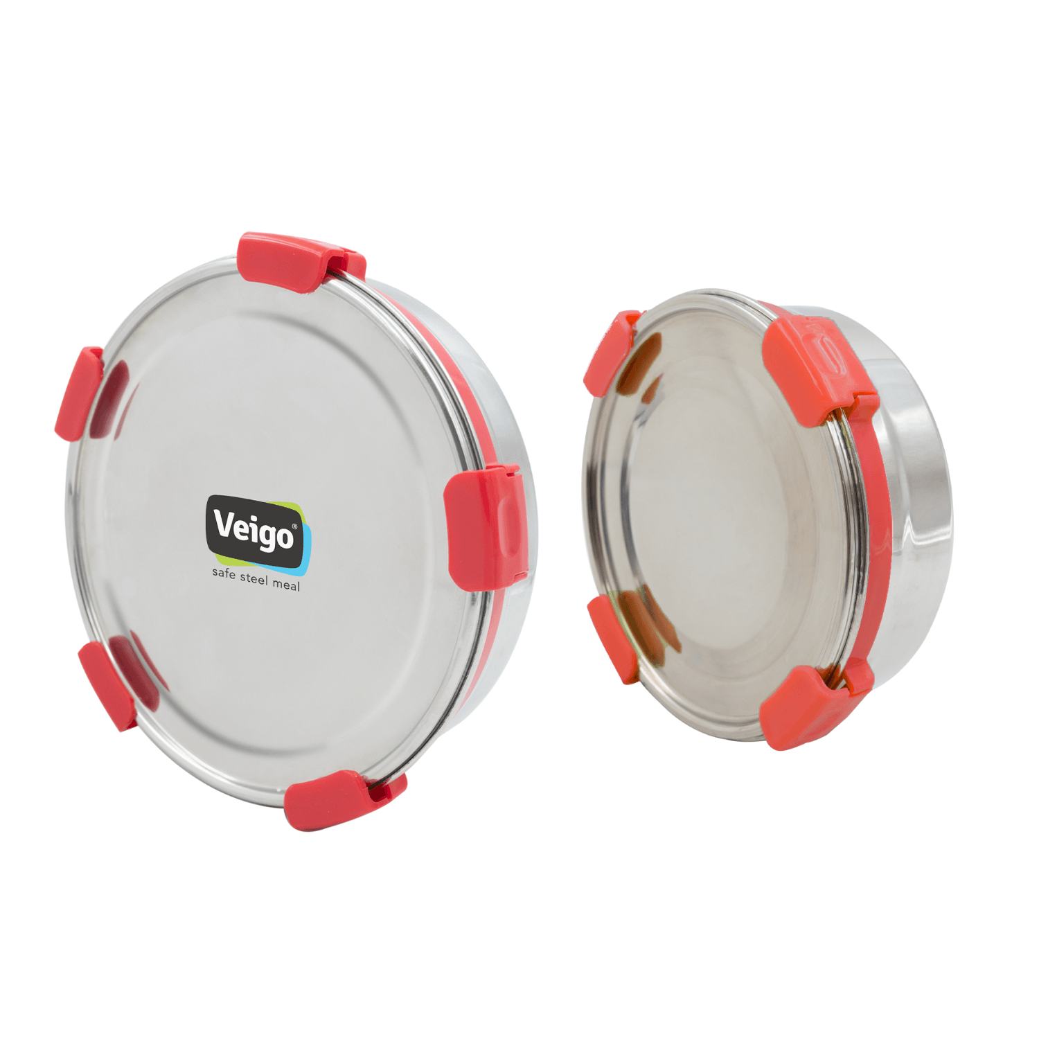 Veigo MaxoSteel Round Stainless Steel Airtight & Leakproof Lunch Box with Silicon Ring & Lid Lock, Set of 2(700ML+950ML), Red