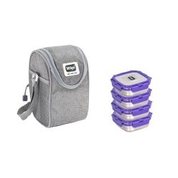 Veigo LunchBoss Combo- 4 Stainless Steel Leakproof Lunch Box Set (330ml + 330ml + 330ml + 330ml) with Insulated Lunch Bag, Suitable for Office, Violet