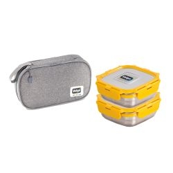 Veigo Daily Combo- 2 Stainless Steel Leakproof & Airtight Lunch Boxes(330 Ml+ 330 Ml) with Flat Insulated Bag, Suitable for School Kids, Yellow