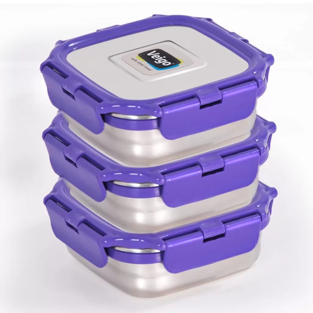 Veigo LunchBoss Combo- 3 Stainless Steel Leakproof & Airtight Medium Lunch Boxes(330ml + 330ml + 330ml) with Insulated Lunch Bag, Suitable for Office & School, Violet