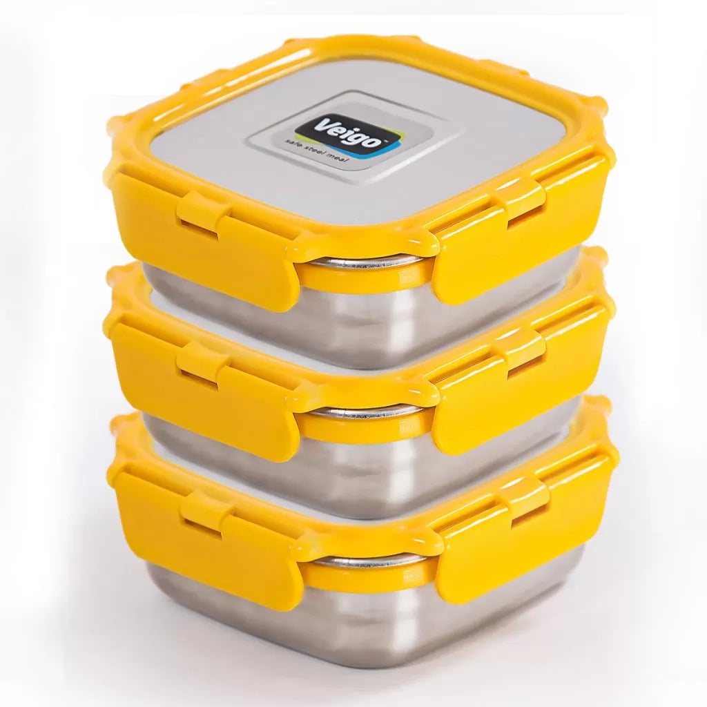 Veigo LunchBoss Combo- 3 Stainless Steel Leakproof & Airtight Medium Lunch Boxes(330ml + 330ml + 330ml) with Insulated Lunch Bag, Suitable for Office & School, Yellow