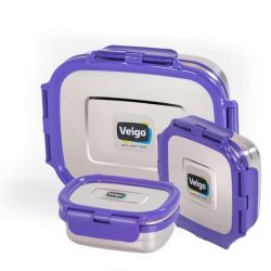 Veigo Celebration Ready to Gift Set- 3 Stainless Steel Leakproof Containers in Ready-to-Gift Box (630ml + 330ml + 180ml)) Suitable for Gifting, Violet