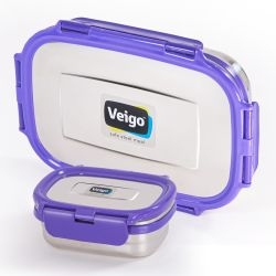 Veigo Jumbo Stainless Steel Lunch Box with Silicon Ring & Lid Lock with Small Veg Box Inside(950ml + 180ml), Violet