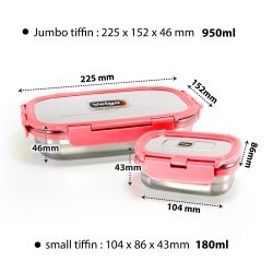 Veigo Jumbo Stainless Steel Lunch Box with Silicon Ring & Lid Lock with Small Veg Box Inside(950ml + 180ml), Red