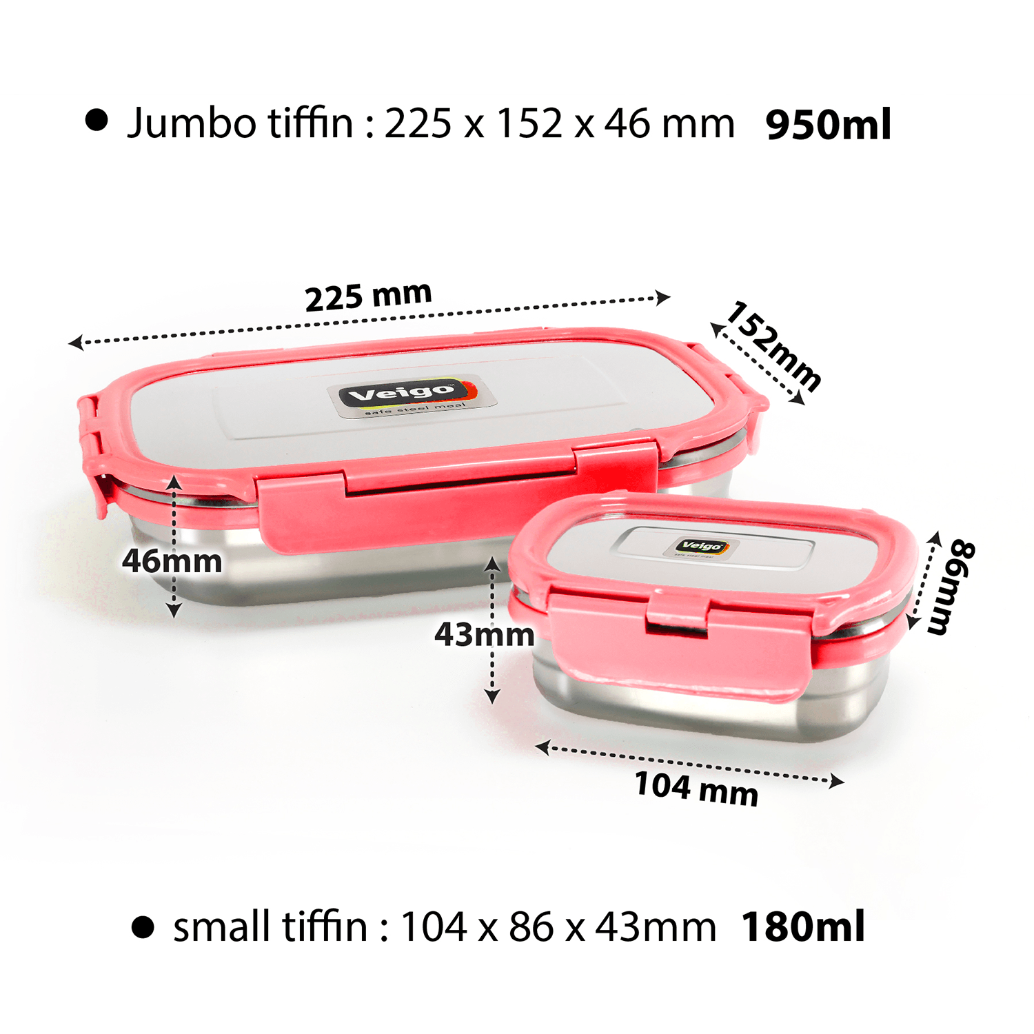 Veigo Jumbo Stainless Steel Lunch Box with Silicon Ring & Lid Lock with Small Veg Box Inside(950ml + 180ml), Red