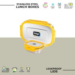 Veigo Jumbo Stainless Steel Lunch Box with Silicon Ring & Lid Lock with Small Veg Box Inside(950ml + 180ml), Yellow