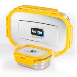 Veigo Jumbo Stainless Steel Lunch Box with Silicon Ring & Lid Lock with Small Veg Box Inside(950ml + 180ml), Yellow