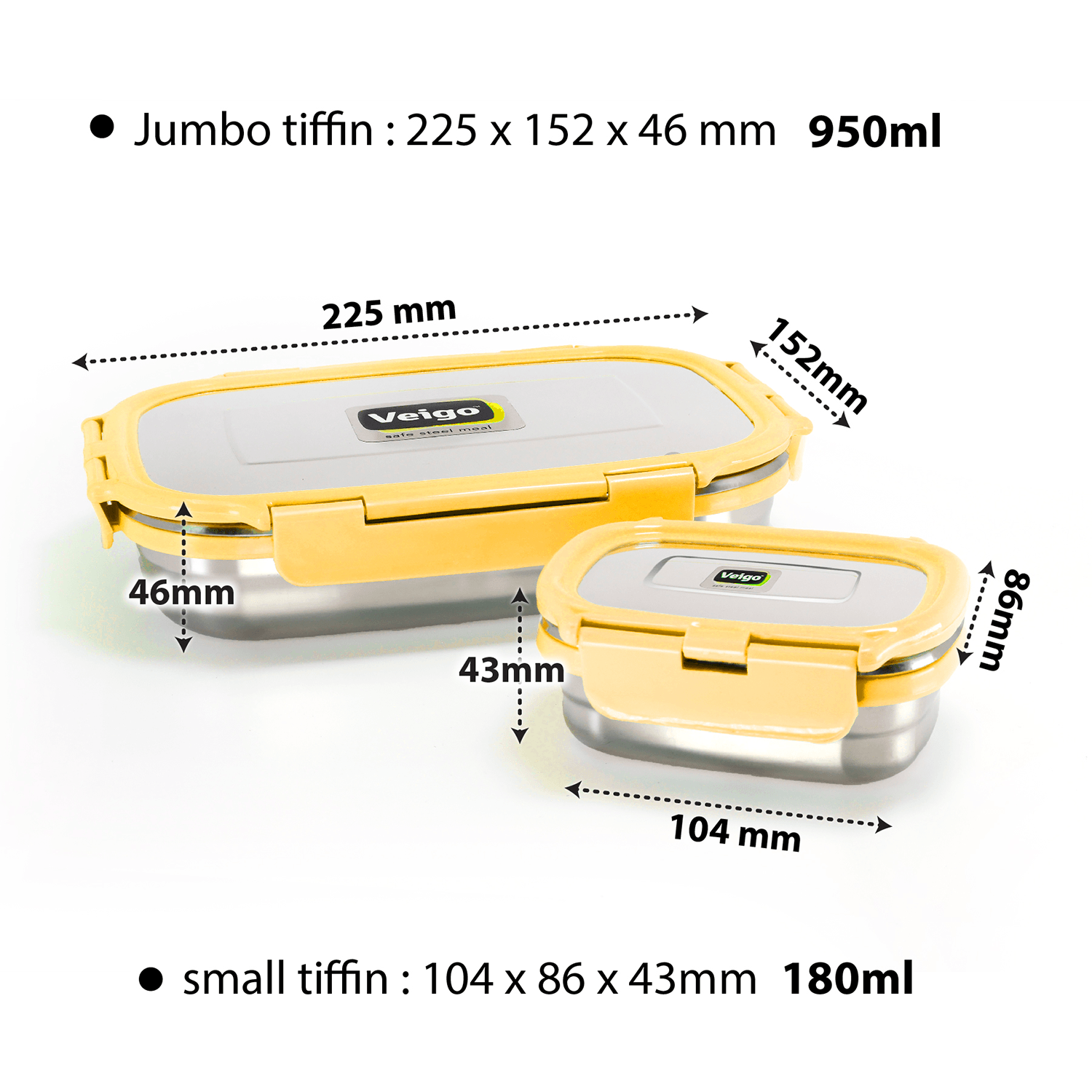 Veigo Jumbo Stainless Steel Lunch Box with Silicon Ring & Lid Lock with Small Veg Box Inside(950ml + 180ml), Yellow