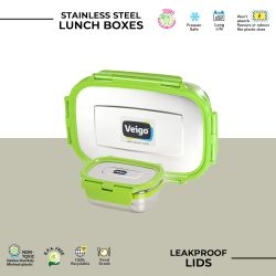 Veigo Jumbo Stainless Steel Lunch Box with Silicon Ring & Lid Lock with Small Veg Box Inside(950ml + 180ml), Green