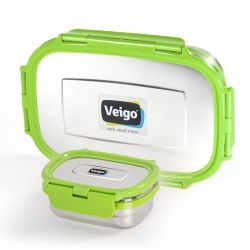 Veigo Jumbo Stainless Steel Lunch Box with Silicon Ring & Lid Lock with Small Veg Box Inside(950ml + 180ml), Green