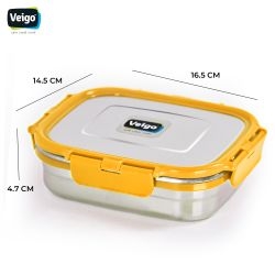 Veigo Freezer & Kitchen Storage Set of 4, Yellow- 2 Large Stainless Steel Boxes with 2 Sandwich Boxes