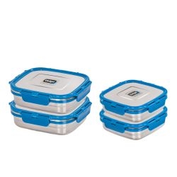 Veigo Freezer & Kitchen Storage Set of 4, Dark Blue- 2 Large Stainless Steel Boxes with 2 Sandwich Boxes