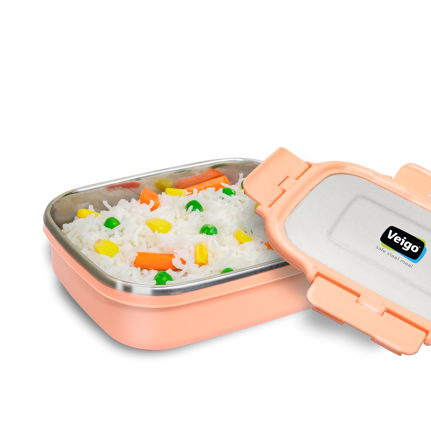 Veigo Heat-Up Stainless Steel, Microwave Safe Lunch Boxes (630 Ml+ 330 Ml+ 180 Ml), Peach