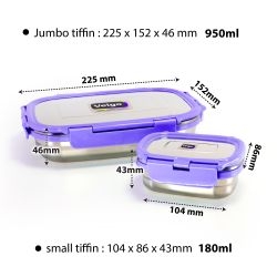 Veigo Jumbo Combo- 1 Airtight & Leakproof Stainless Steel Lunch Box with Small Veg Box Inside(950ml + 180ml) comes with Flat Insulated Pouch, Violet