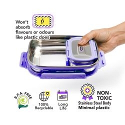 Veigo Jumbo Combo- 1 Airtight & Leakproof Stainless Steel Lunch Box with Small Veg Box Inside(950ml + 180ml) comes with Flat Insulated Pouch, Violet