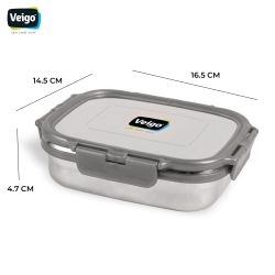 Veigo Large Stainless Steel Air Tight & Leak-Proof Lunch Box with Lid Lock & Detachable Clip Mechanism (600ml), Grey