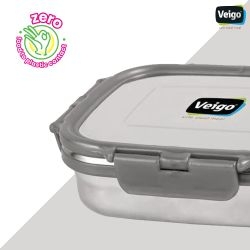 Veigo Large Stainless Steel Air Tight & Leak-Proof Lunch Box with Lid Lock & Detachable Clip Mechanism (600ml), Grey