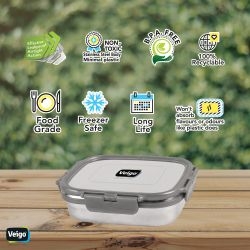 Veigo Large Stainless Steel Air Tight & Leak-Proof Lunch Box with Lid Lock & Detachable Clip Mechanism (600ml), Grey