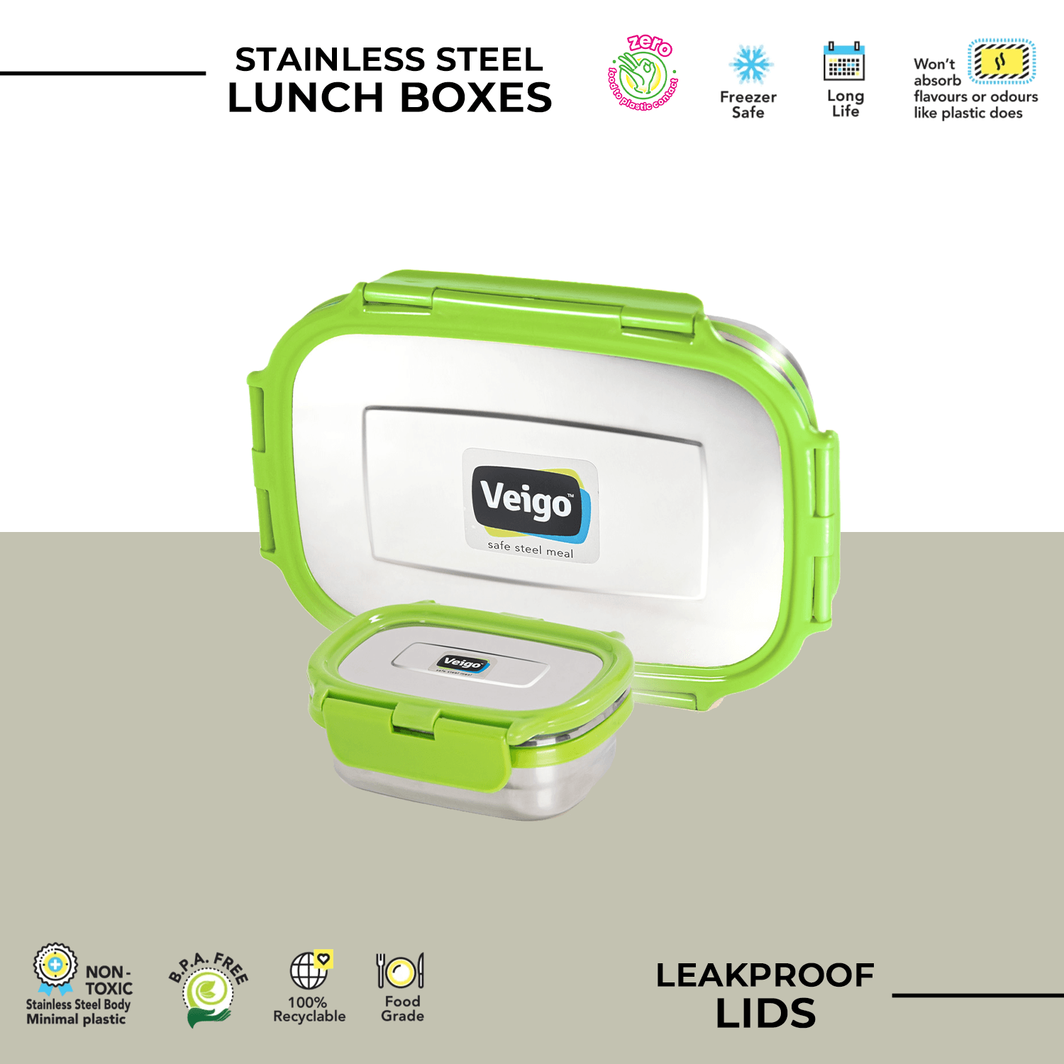 Veigo Jumbo Combo- 1 Airtight & Leakproof Stainless Steel Lunch Box with Small Veg Box Inside(950ml + 180ml) comes with Flat Insulated Pouch, Green