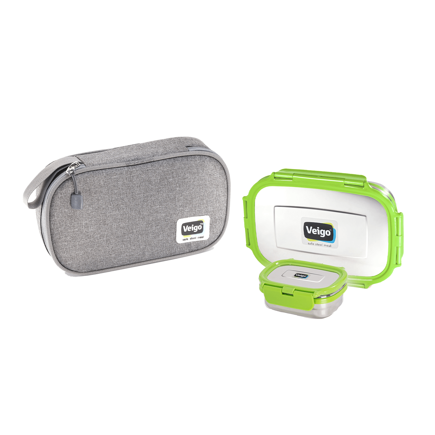 Veigo Jumbo Combo- 1 Airtight & Leakproof Stainless Steel Lunch Box with Small Veg Box Inside(950ml + 180ml) comes with Flat Insulated Pouch, Green