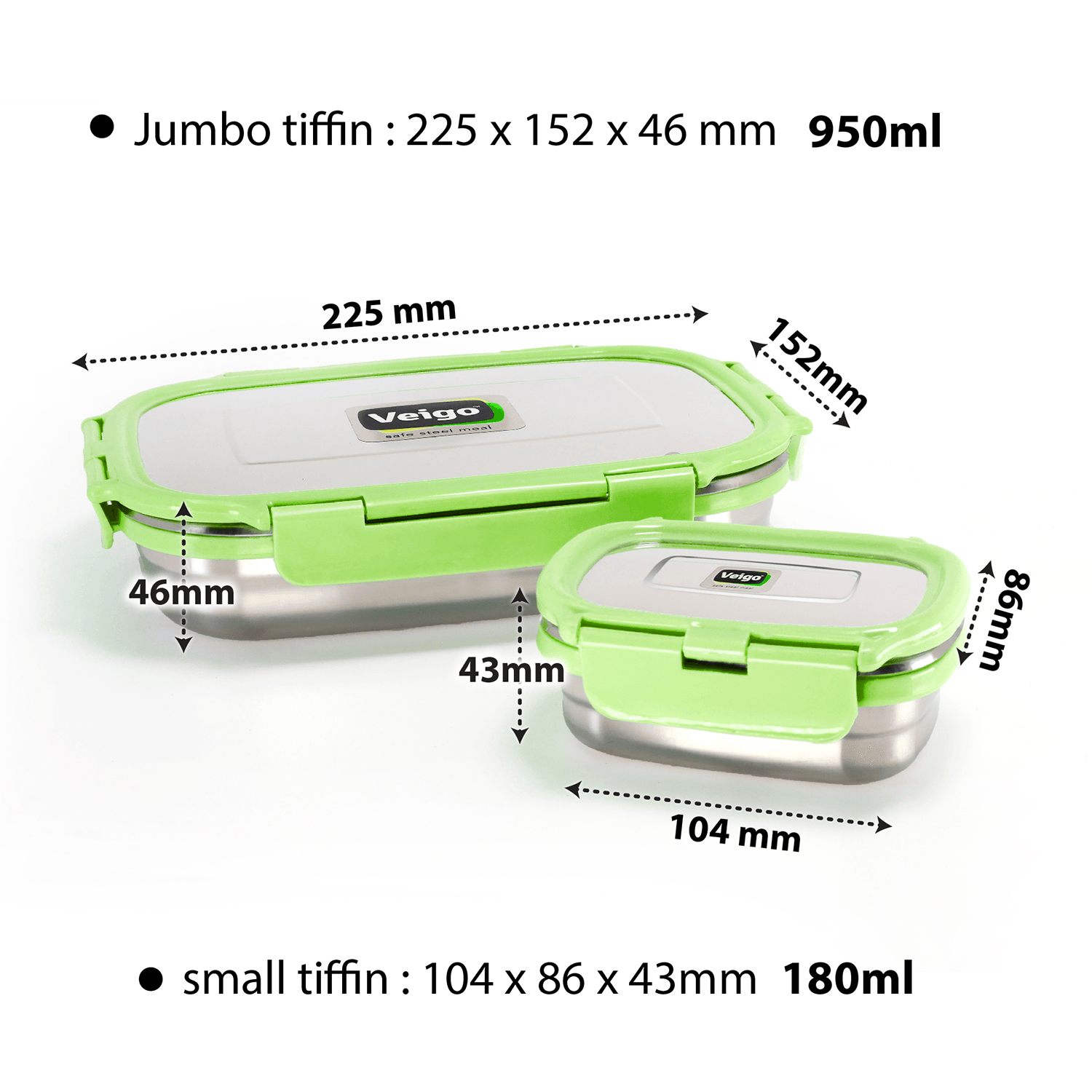 Veigo Jumbo Combo- 1 Airtight & Leakproof Stainless Steel Lunch Box with Small Veg Box Inside(950ml + 180ml) comes with Flat Insulated Pouch, Green