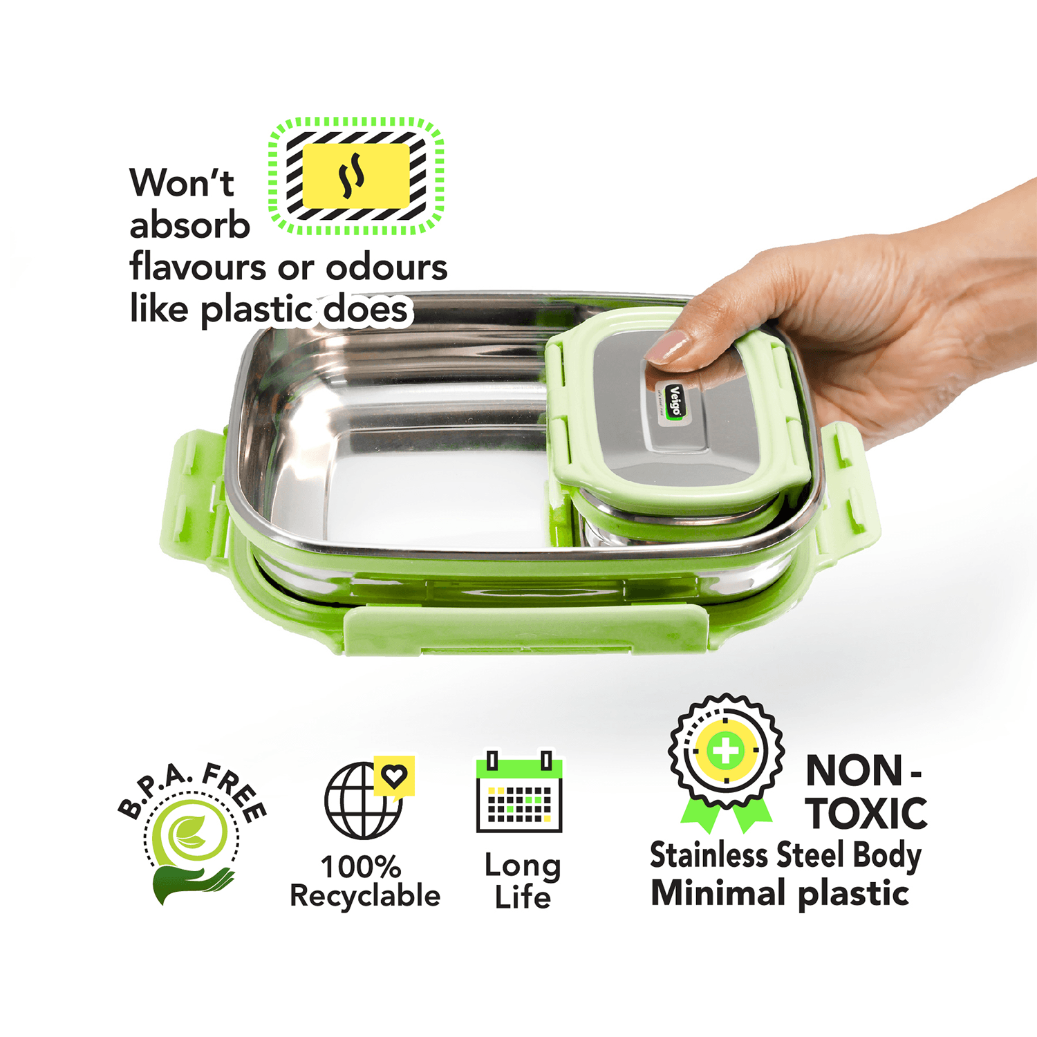 Veigo Jumbo Combo- 1 Airtight & Leakproof Stainless Steel Lunch Box with Small Veg Box Inside(950ml + 180ml) comes with Flat Insulated Pouch, Green