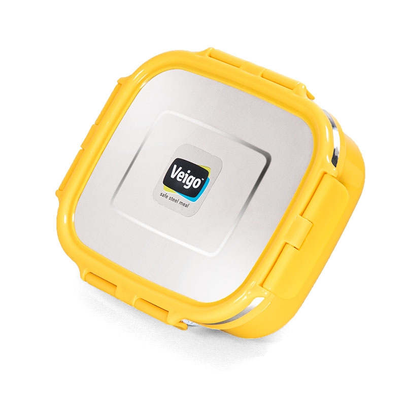 Veigo HeatUp Large Insulated Stainless Steel Leakproof & Airtight Lunch Box (630ml), Microwave Safe, Rectangle Shape, Yellow