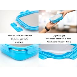 Veigo HeatUp Large Insulated Stainless Steel Leakproof & Airtight Lunch Box (630ml), Microwave Safe, Rectangle Shape, Aqua Blue