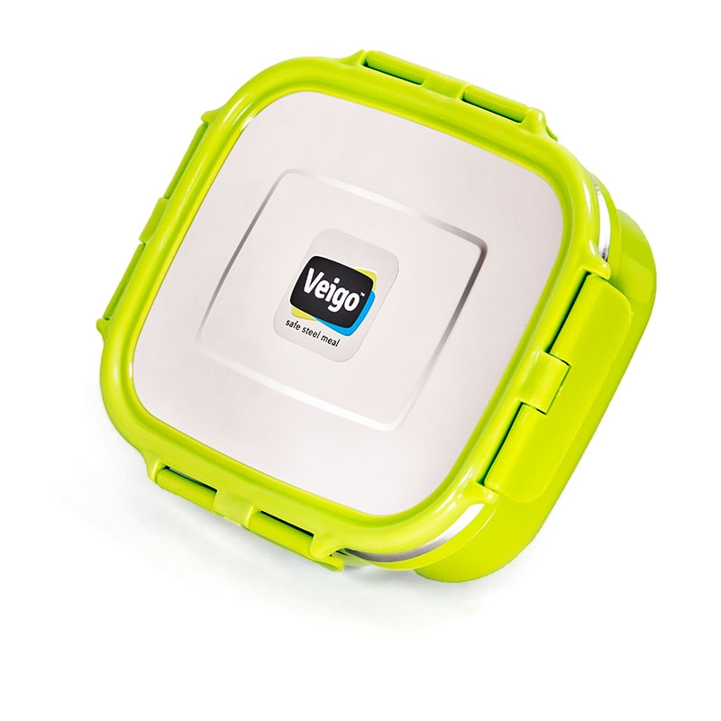 Veigo HeatUp Large Insulated Stainless Steel Leakproof & Airtight Lunch Box (630ml), Microwave Safe, Rectangle Shape, Green