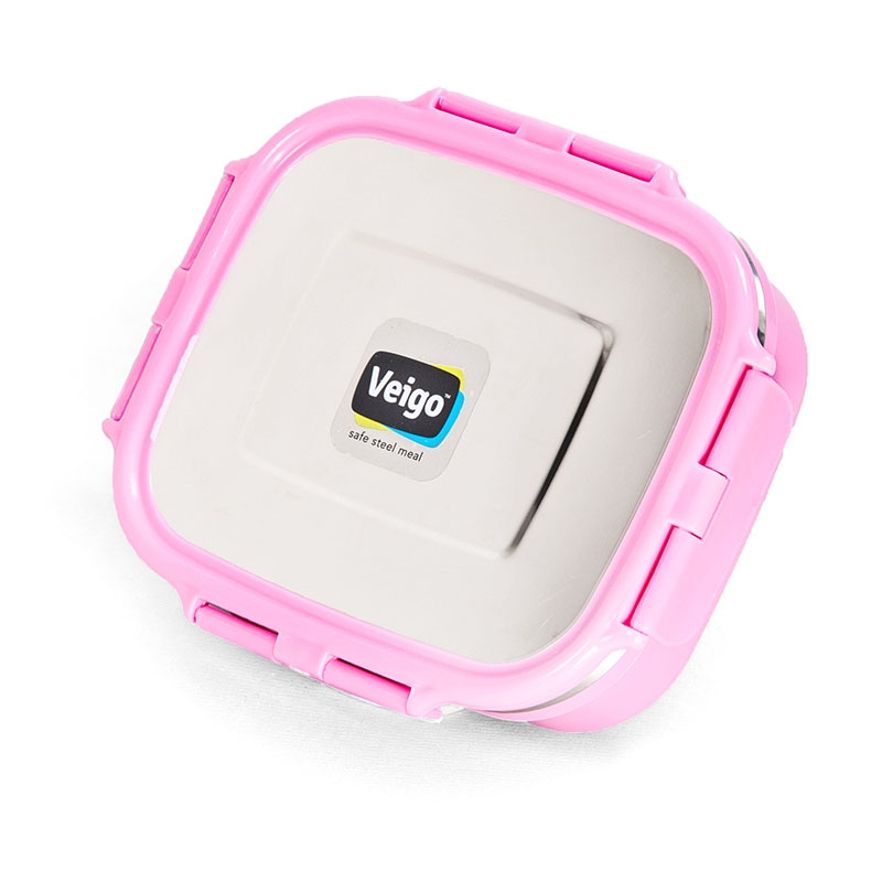Veigo HeatUp Large Insulated Stainless Steel Leakproof & Airtight Lunch Box (630ml), Microwave Safe, Rectangle Shape, Pink