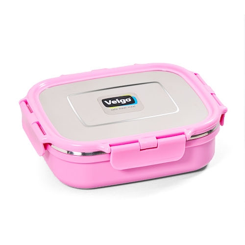Veigo HeatUp Large Insulated Stainless Steel Leakproof & Airtight Lunch Box (630ml), Microwave Safe, Rectangle Shape, Pink