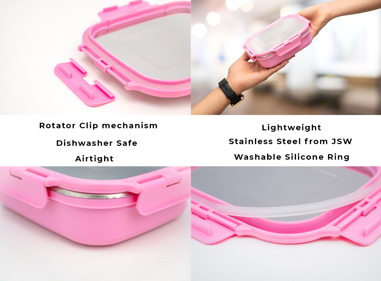Veigo HeatUp Large Insulated Stainless Steel Leakproof & Airtight Lunch Box (630ml), Microwave Safe, Rectangle Shape, Pink