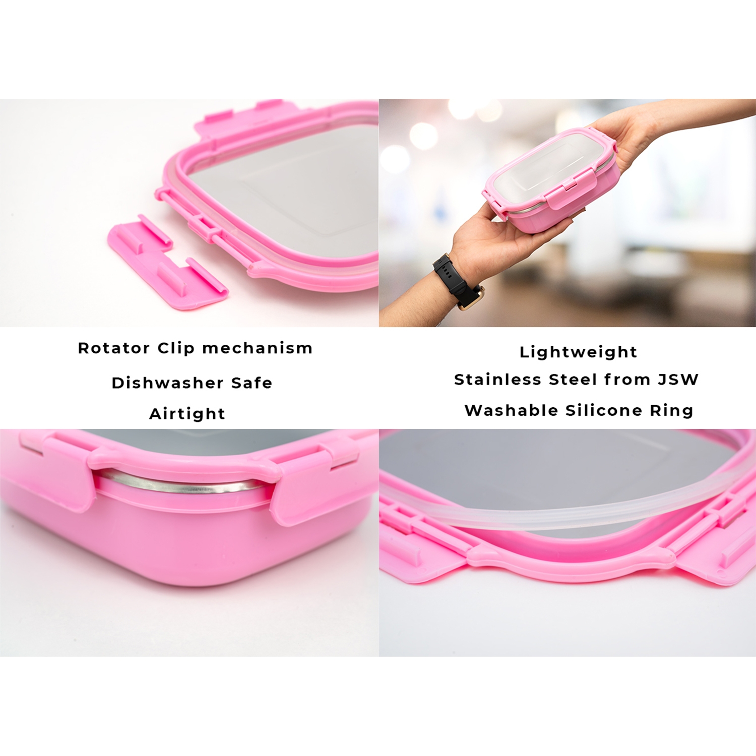 Veigo HeatUp Large Insulated Stainless Steel Leakproof & Airtight Lunch Box (630ml), Microwave Safe, Rectangle Shape, Pink